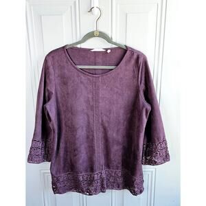 Soft Surroundings Susina Purple Suede Crochet Trim Blouse Medium Cottagecore